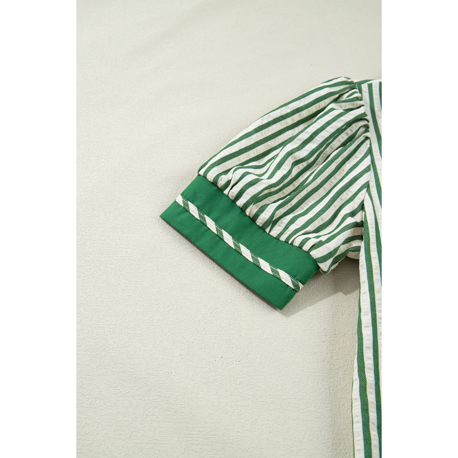 Green Stripe Collared Split Neck Short Bubble Sleeve Blouse Tops/Blouses & Shirts