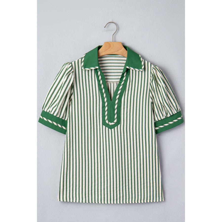 Green Stripe Collared Split Neck Short Bubble Sleeve Blouse Tops/Blouses & Shirts