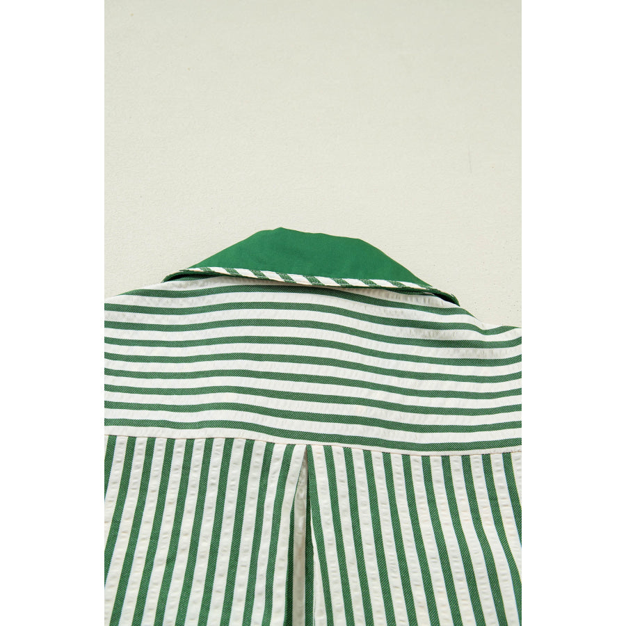 Green Stripe Collared Split Neck Short Bubble Sleeve Blouse Tops/Blouses & Shirts