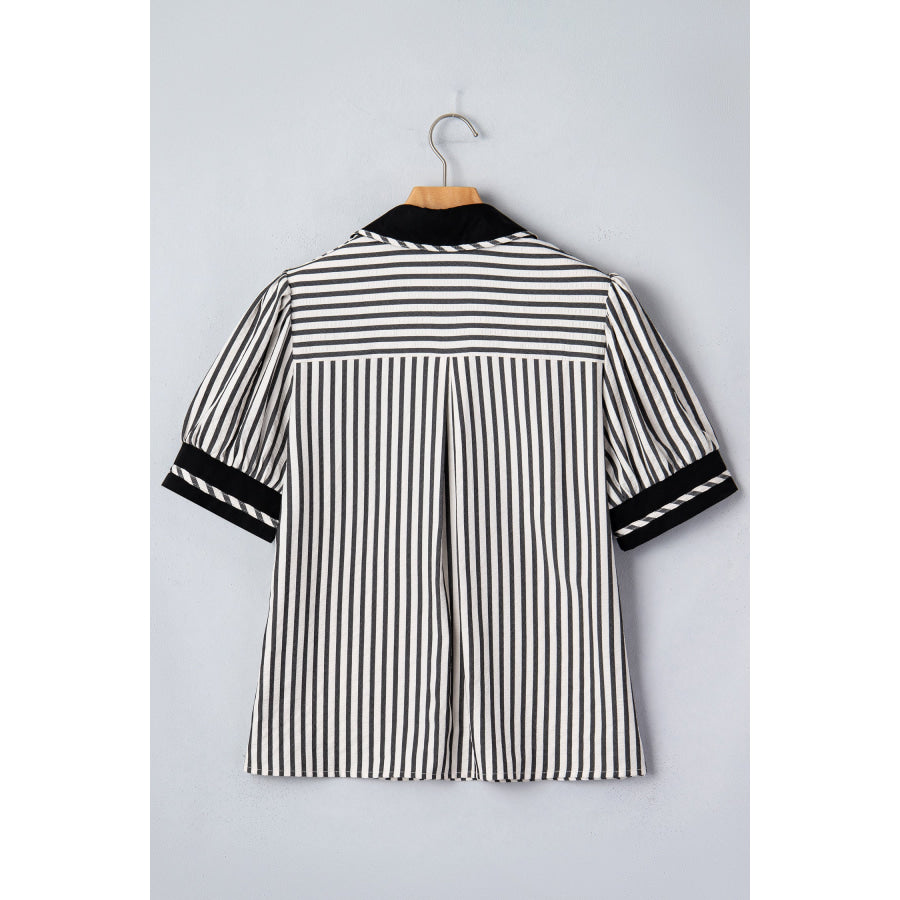 Green Stripe Collared Split Neck Short Bubble Sleeve Blouse Tops/Blouses & Shirts