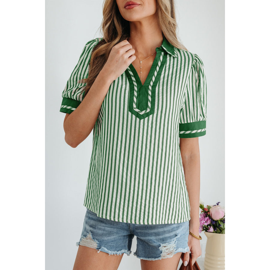 Green Stripe Collared Split Neck Short Bubble Sleeve Blouse Tops/Blouses & Shirts