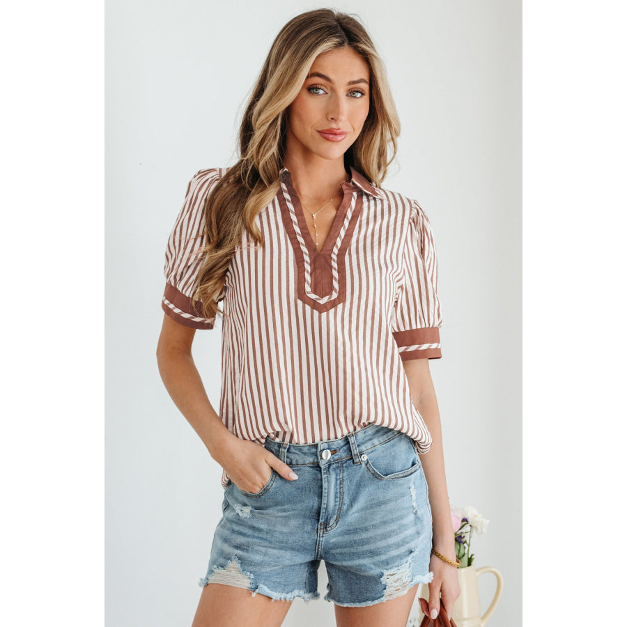 Green Stripe Collared Split Neck Short Bubble Sleeve Blouse Tops/Blouses & Shirts