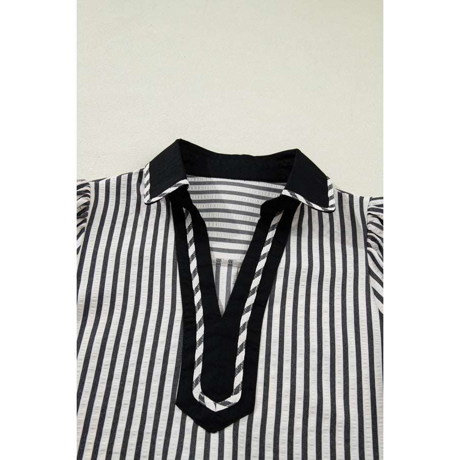 Green Stripe Collared Split Neck Short Bubble Sleeve Blouse Tops/Blouses & Shirts