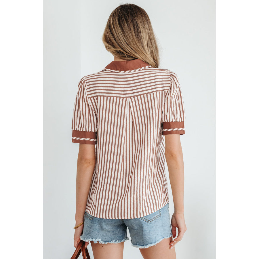 Green Stripe Collared Split Neck Short Bubble Sleeve Blouse Tops/Blouses & Shirts