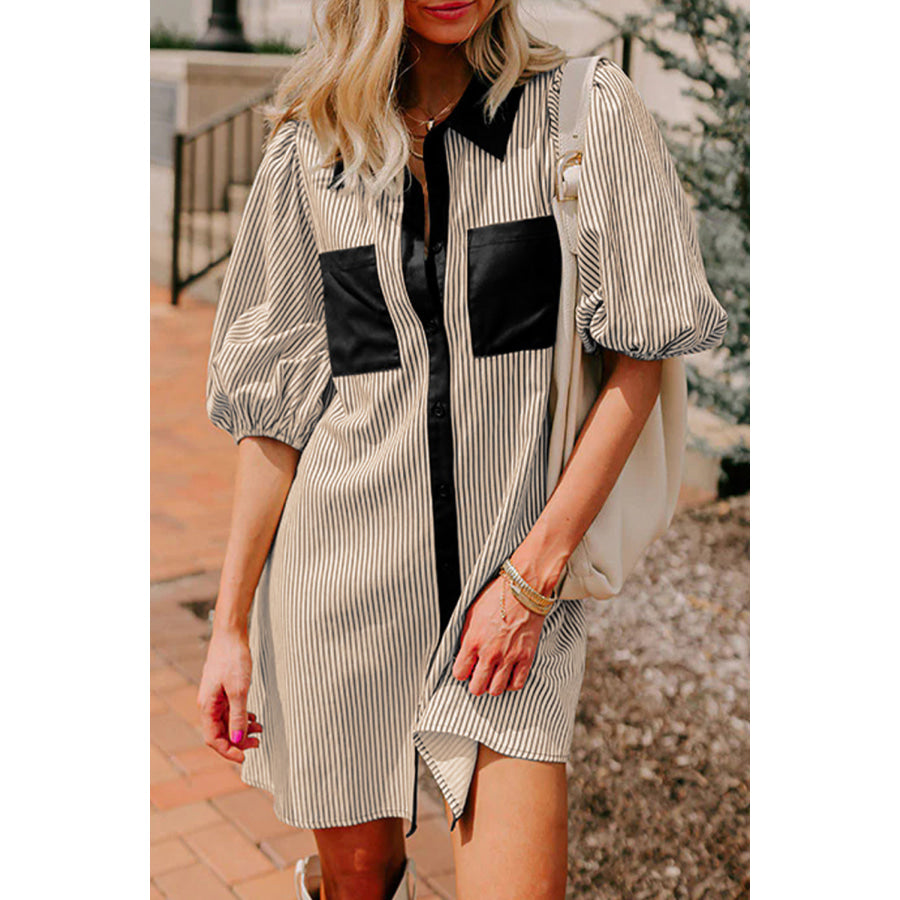 Green Stripe Color Block Patchwork Shirt Collar Button Down Puff Sleeve Mini Dress Dresses/Mini Dresses