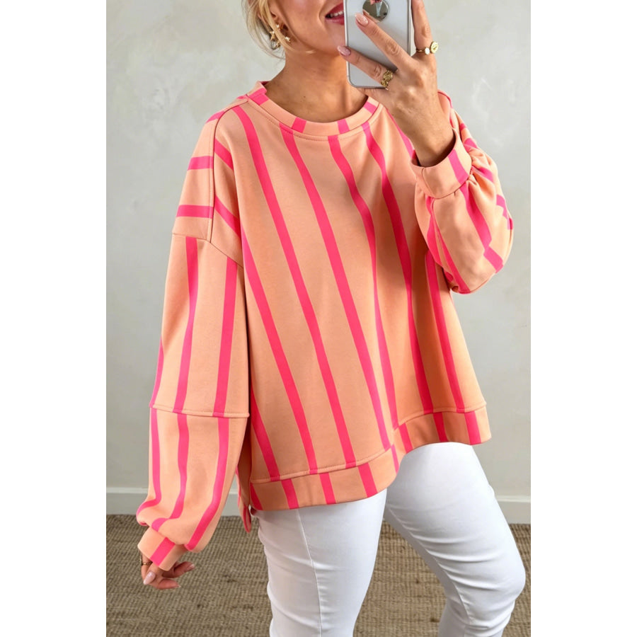 Green Stripe Dropped Shoulder Round Neck Casual Sweatshirt Pink / S / 100% Polyester Tops/Sweatshirts & Hoodies