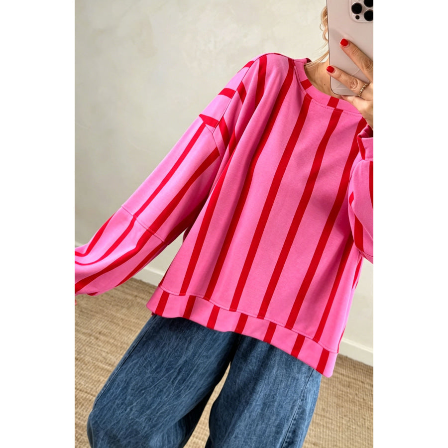 Green Stripe Dropped Shoulder Round Neck Casual Sweatshirt Red / S / 100% Polyester Tops/Sweatshirts & Hoodies