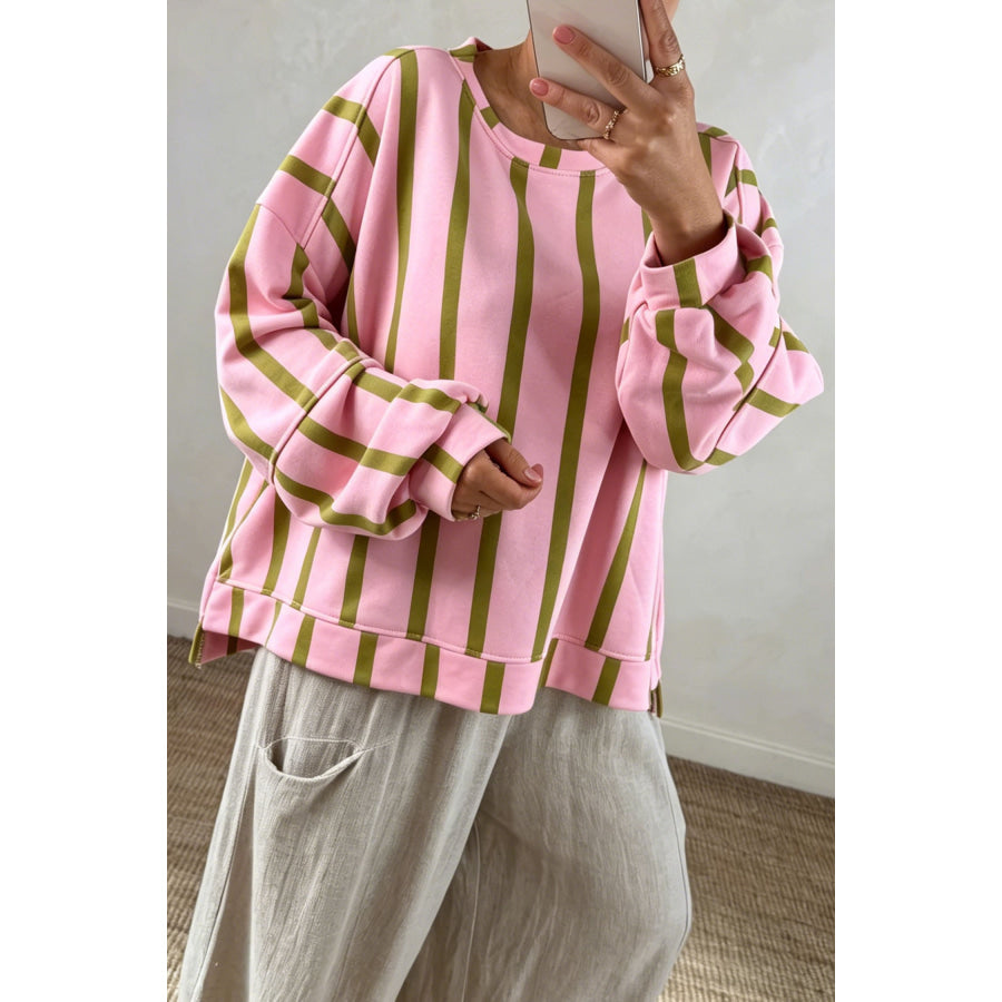 Green Stripe Dropped Shoulder Round Neck Casual Sweatshirt / S / 100% Polyester Tops/Sweatshirts & Hoodies