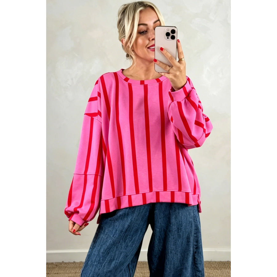 Green Stripe Dropped Shoulder Round Neck Casual Sweatshirt Tops/Sweatshirts & Hoodies