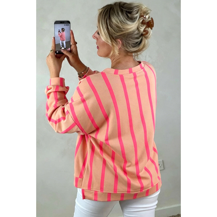 Green Stripe Dropped Shoulder Round Neck Casual Sweatshirt Tops/Sweatshirts & Hoodies