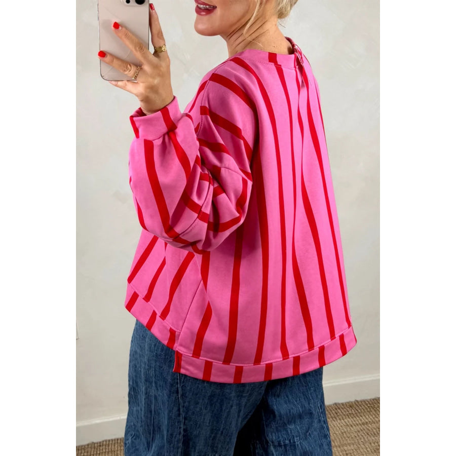 Green Stripe Dropped Shoulder Round Neck Casual Sweatshirt Tops/Sweatshirts & Hoodies