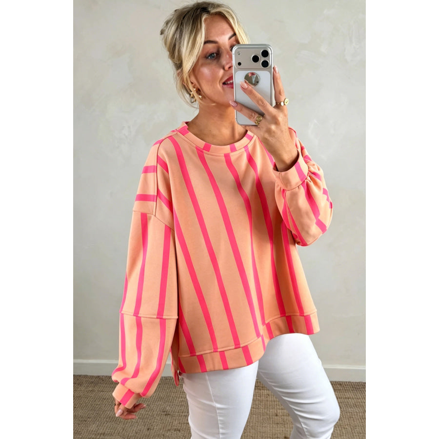 Green Stripe Dropped Shoulder Round Neck Casual Sweatshirt Tops/Sweatshirts & Hoodies