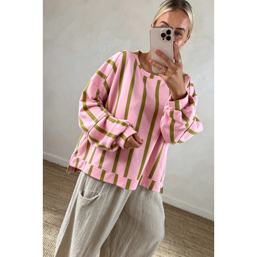 Green Stripe Dropped Shoulder Round Neck Casual Sweatshirt Tops/Sweatshirts & Hoodies