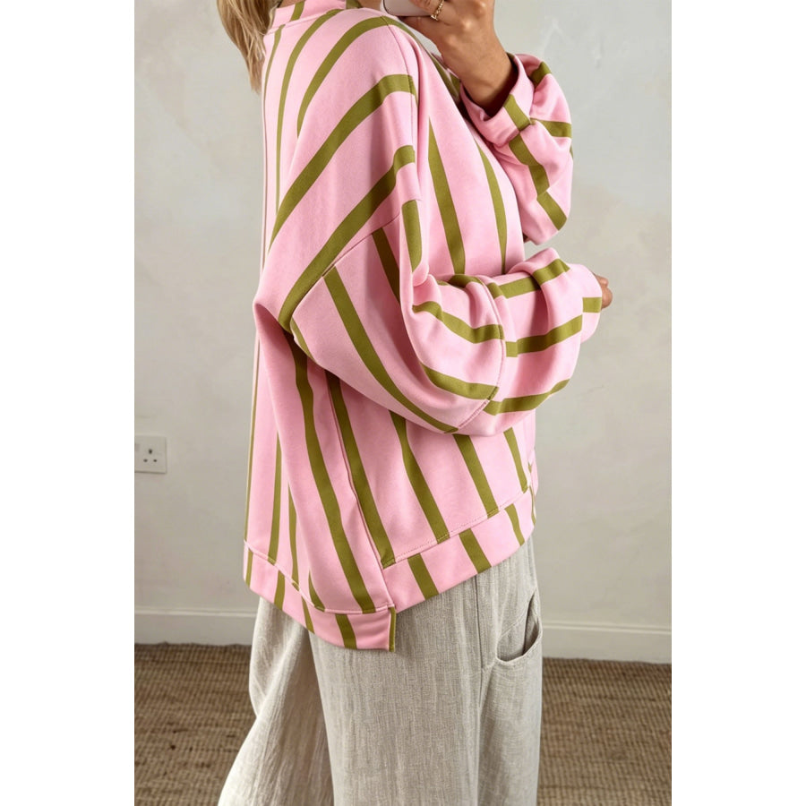 Green Stripe Dropped Shoulder Round Neck Casual Sweatshirt Tops/Sweatshirts & Hoodies