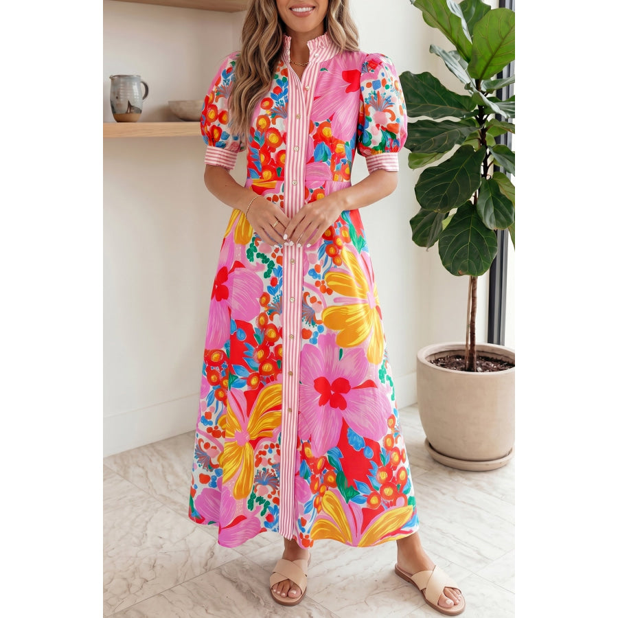 Green Stripe Floral Print Striped Trim Button Down Short Sleeve Vacation Dress Dresses/Floral Dresses