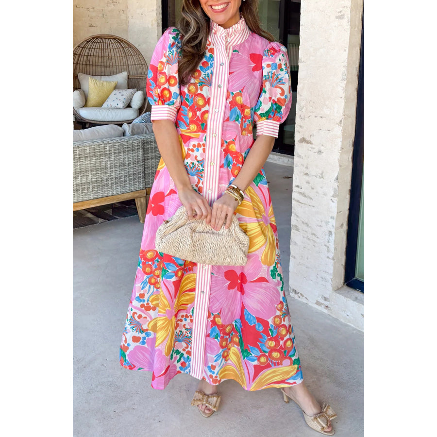 Green Stripe Floral Print Striped Trim Button Down Short Sleeve Vacation Dress Dresses/Floral Dresses