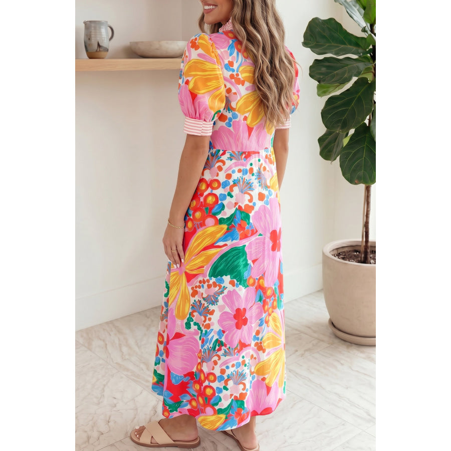 Green Stripe Floral Print Striped Trim Button Down Short Sleeve Vacation Dress Dresses/Floral Dresses