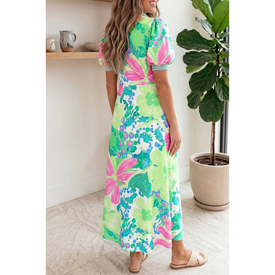 Green Stripe Floral Print Striped Trim Button Down Short Sleeve Vacation Dress Green Stripe / S / 100% Polyester Dresses/Floral Dresses