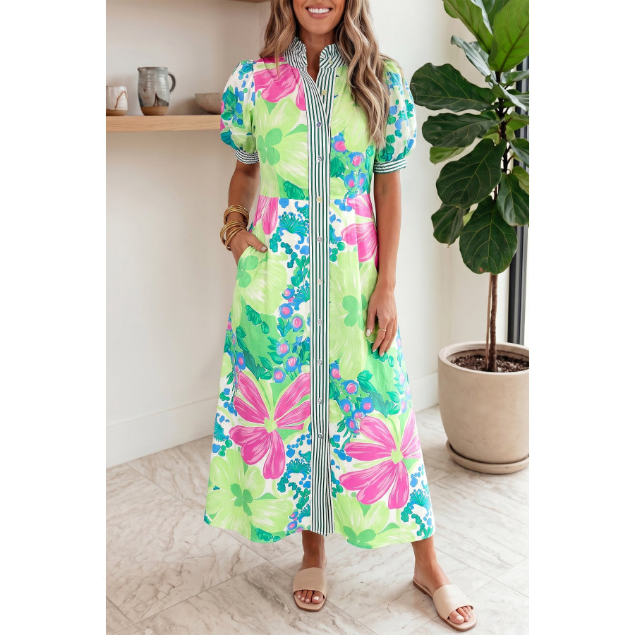Green Stripe Floral Print Striped Trim Button Down Short Sleeve Vacation Dress Green Stripe / S / 100% Polyester Dresses/Floral Dresses