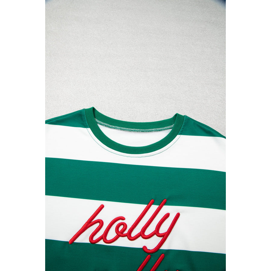 Green Stripe holly jolly Letter Embroidered Pullover Sweatshirt Tops/Sweatshirts & Hoodies