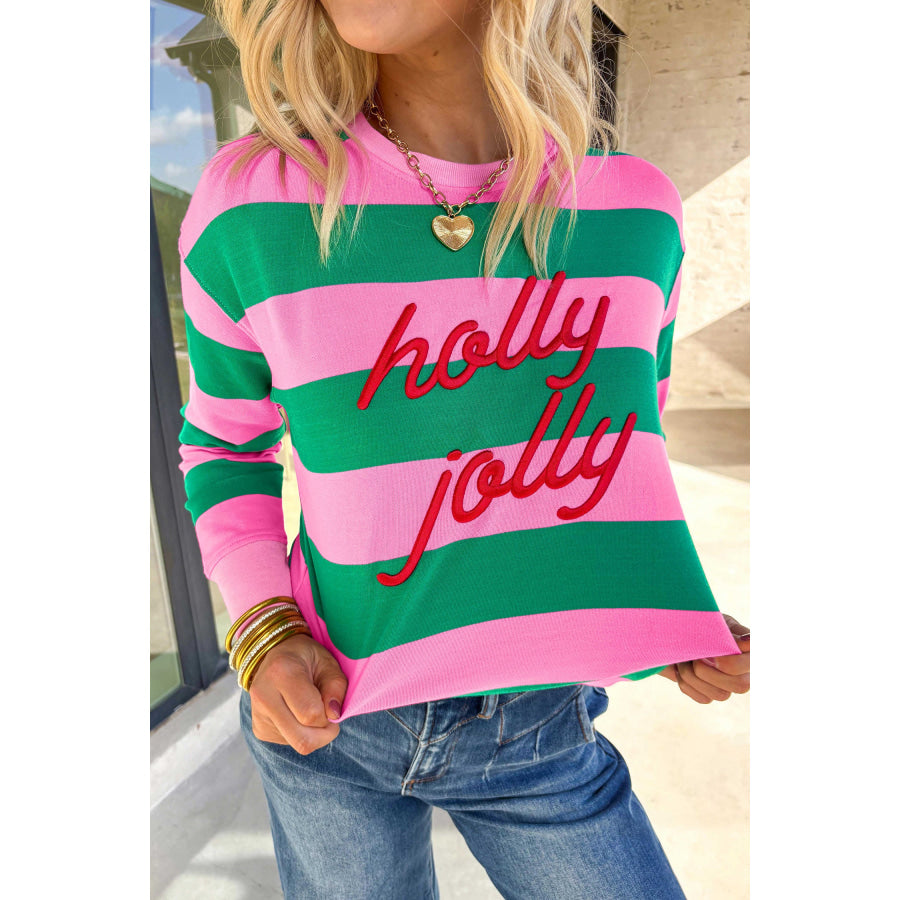 Green Stripe holly jolly Letter Embroidered Pullover Sweatshirt Tops/Sweatshirts & Hoodies
