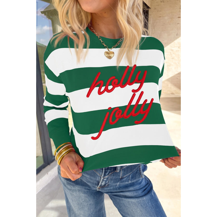 Green Stripe holly jolly Letter Embroidered Pullover Sweatshirt Tops/Sweatshirts & Hoodies