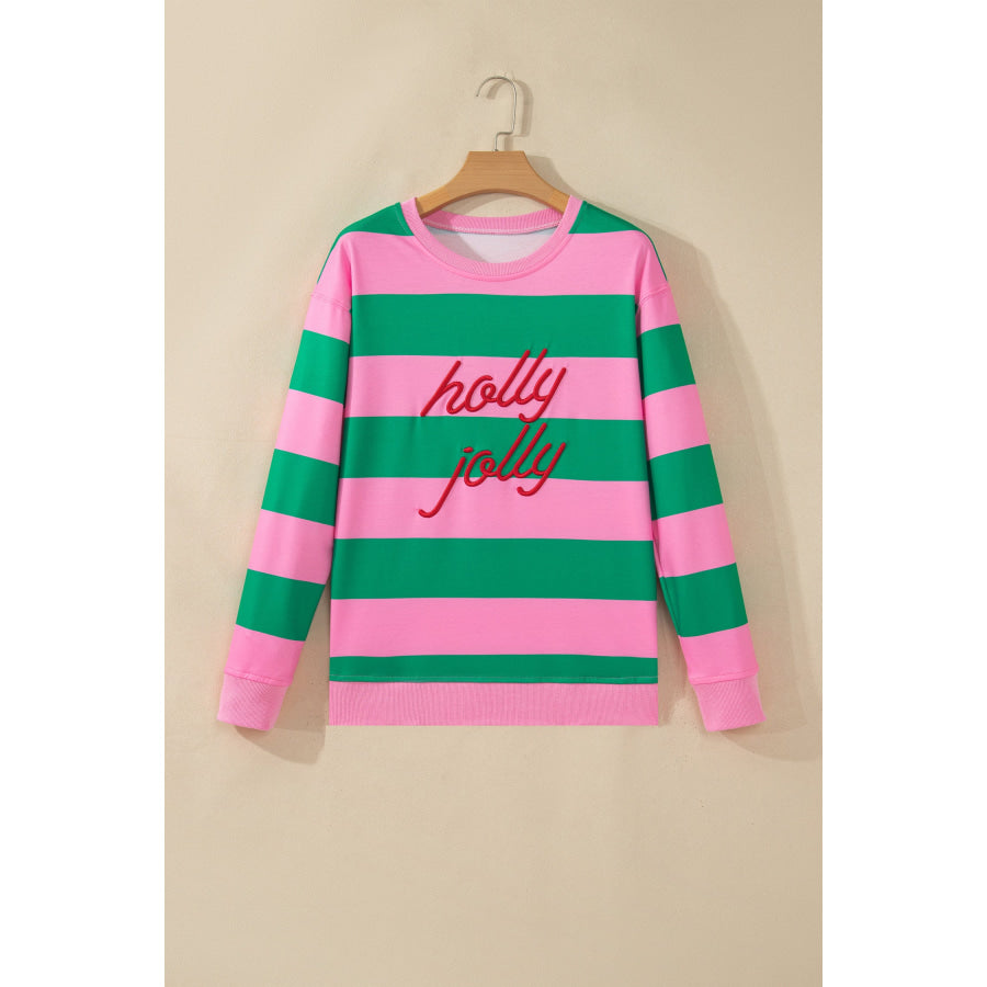 Green Stripe holly jolly Letter Embroidered Pullover Sweatshirt Tops/Sweatshirts & Hoodies