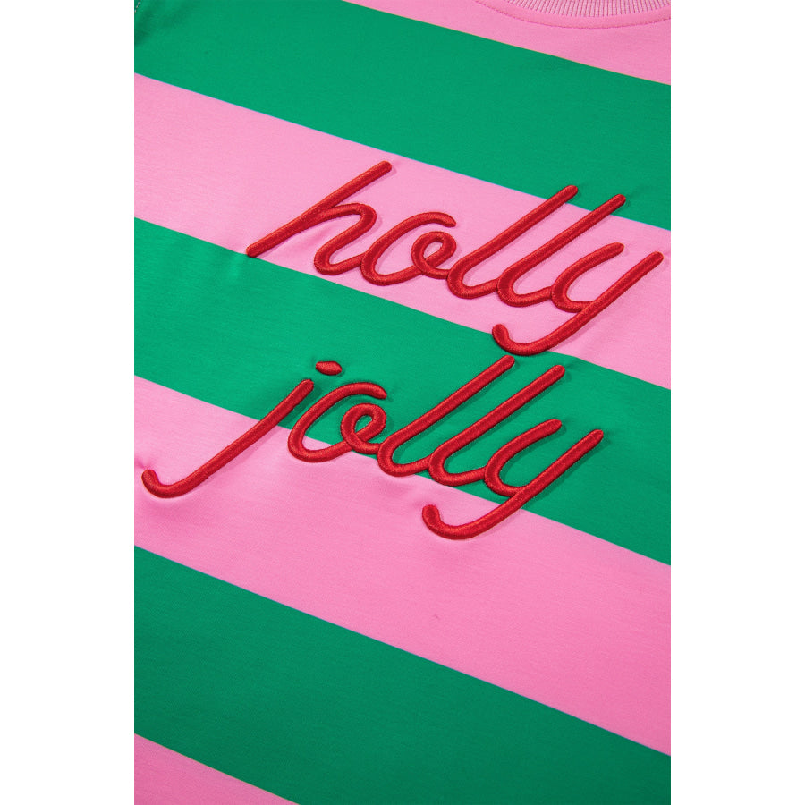 Green Stripe holly jolly Letter Embroidered Pullover Sweatshirt Tops/Sweatshirts & Hoodies