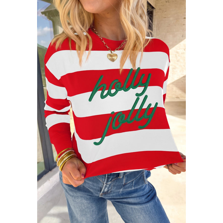 Green Stripe holly jolly Letter Embroidered Pullover Sweatshirt Tops/Sweatshirts & Hoodies