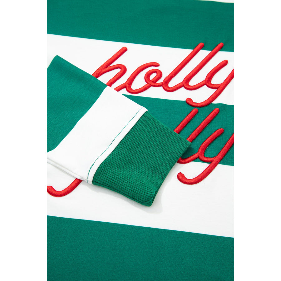 Green Stripe holly jolly Letter Embroidered Pullover Sweatshirt Tops/Sweatshirts & Hoodies