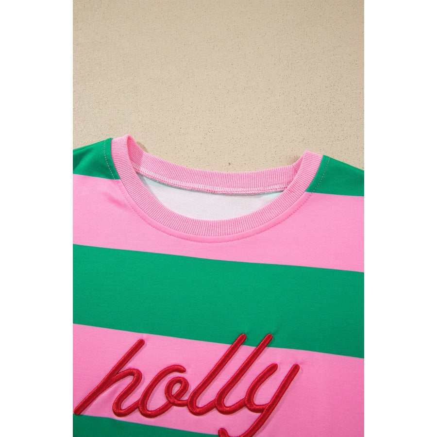Green Stripe holly jolly Letter Embroidered Pullover Sweatshirt Tops/Sweatshirts & Hoodies
