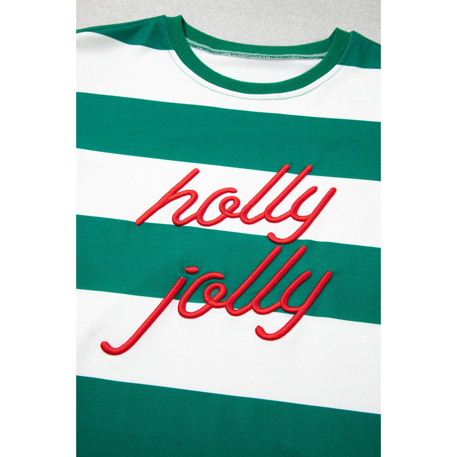 Green Stripe holly jolly Letter Embroidered Pullover Sweatshirt Tops/Sweatshirts & Hoodies