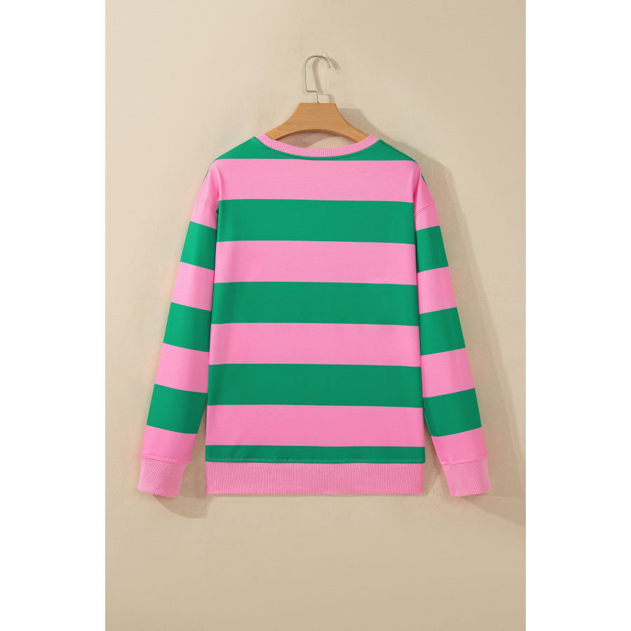 Green Stripe holly jolly Letter Embroidered Pullover Sweatshirt Tops/Sweatshirts & Hoodies