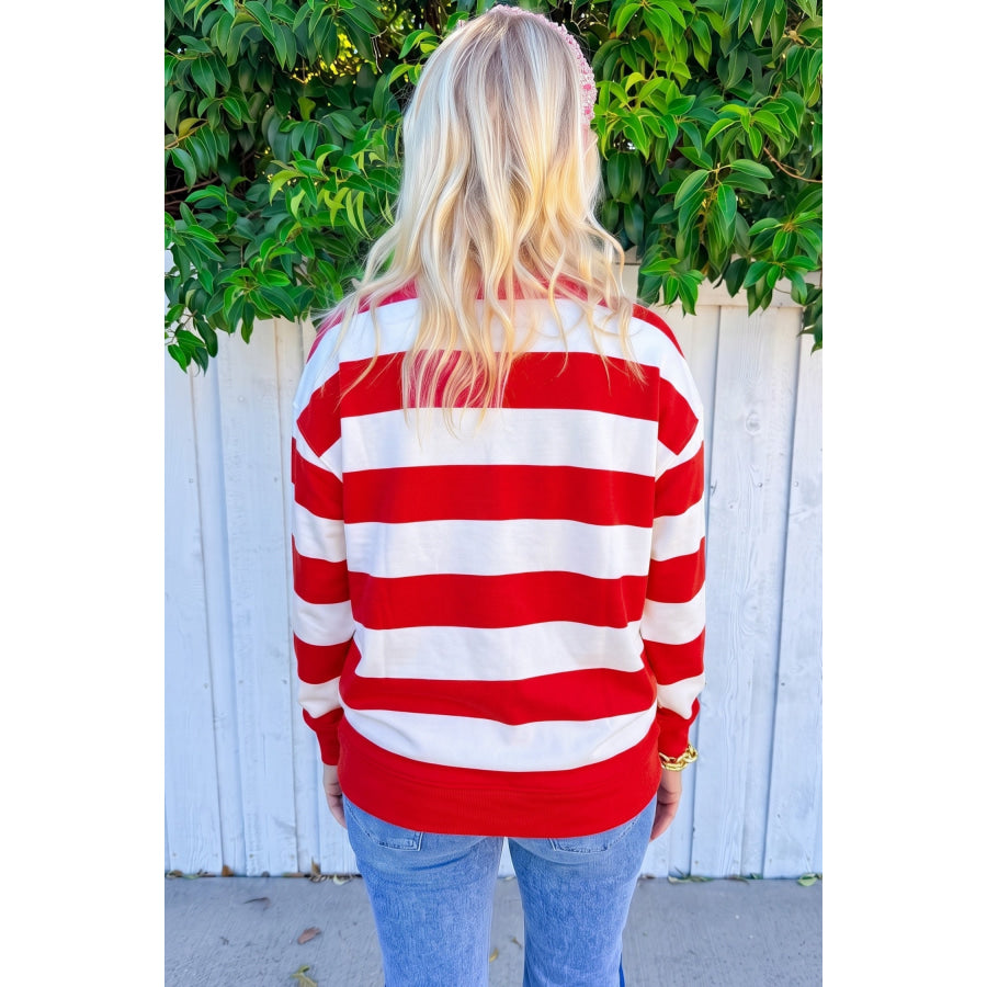 Green Stripe holly jolly Letter Embroidered Pullover Sweatshirt Tops/Sweatshirts & Hoodies