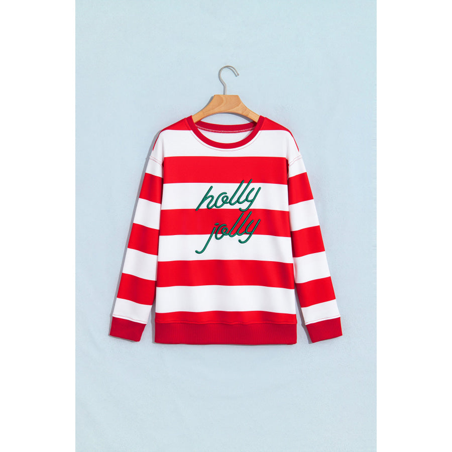 Green Stripe holly jolly Letter Embroidered Pullover Sweatshirt Tops/Sweatshirts & Hoodies