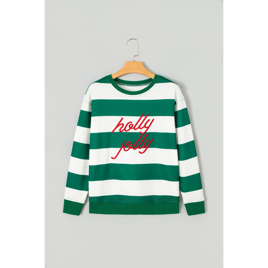 Green Stripe holly jolly Letter Embroidered Pullover Sweatshirt Tops/Sweatshirts & Hoodies