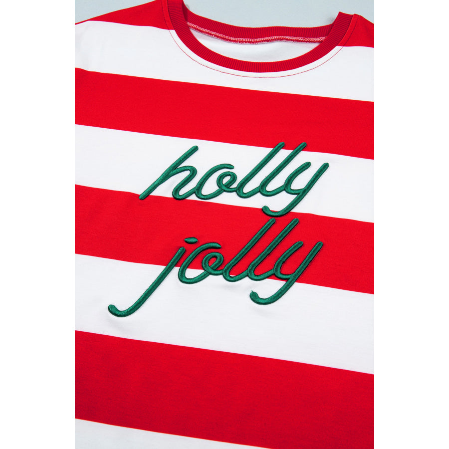 Green Stripe holly jolly Letter Embroidered Pullover Sweatshirt Tops/Sweatshirts & Hoodies