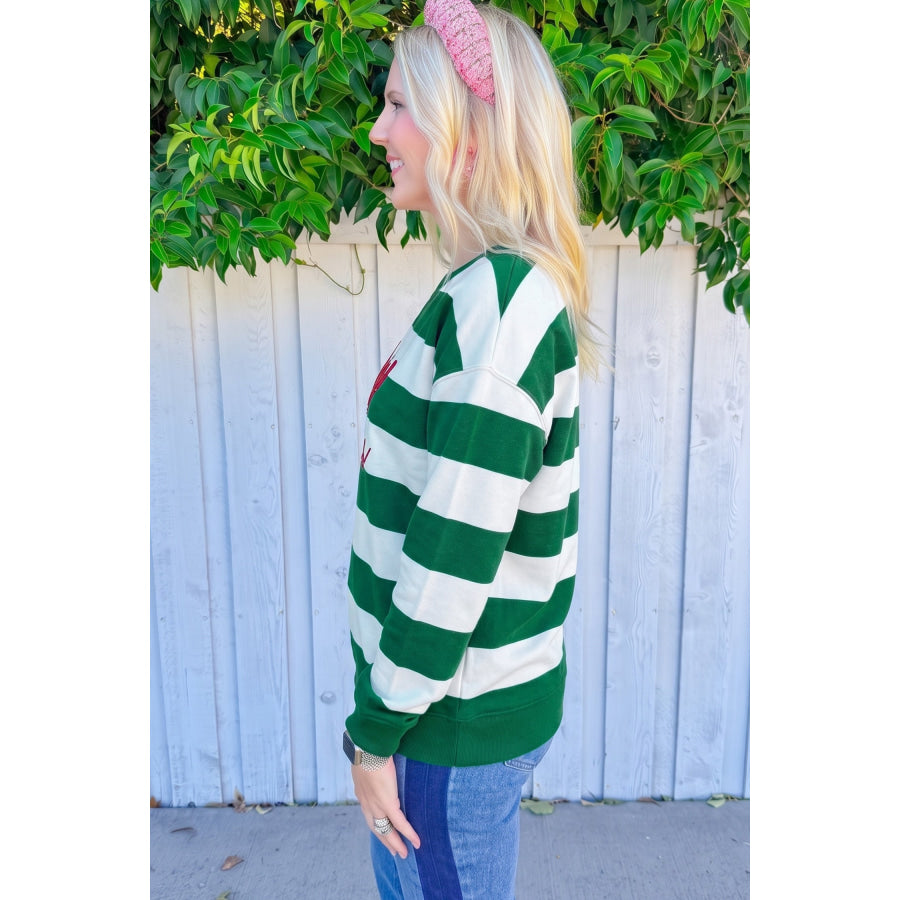 Green Stripe holly jolly Letter Embroidered Pullover Sweatshirt Tops/Sweatshirts & Hoodies