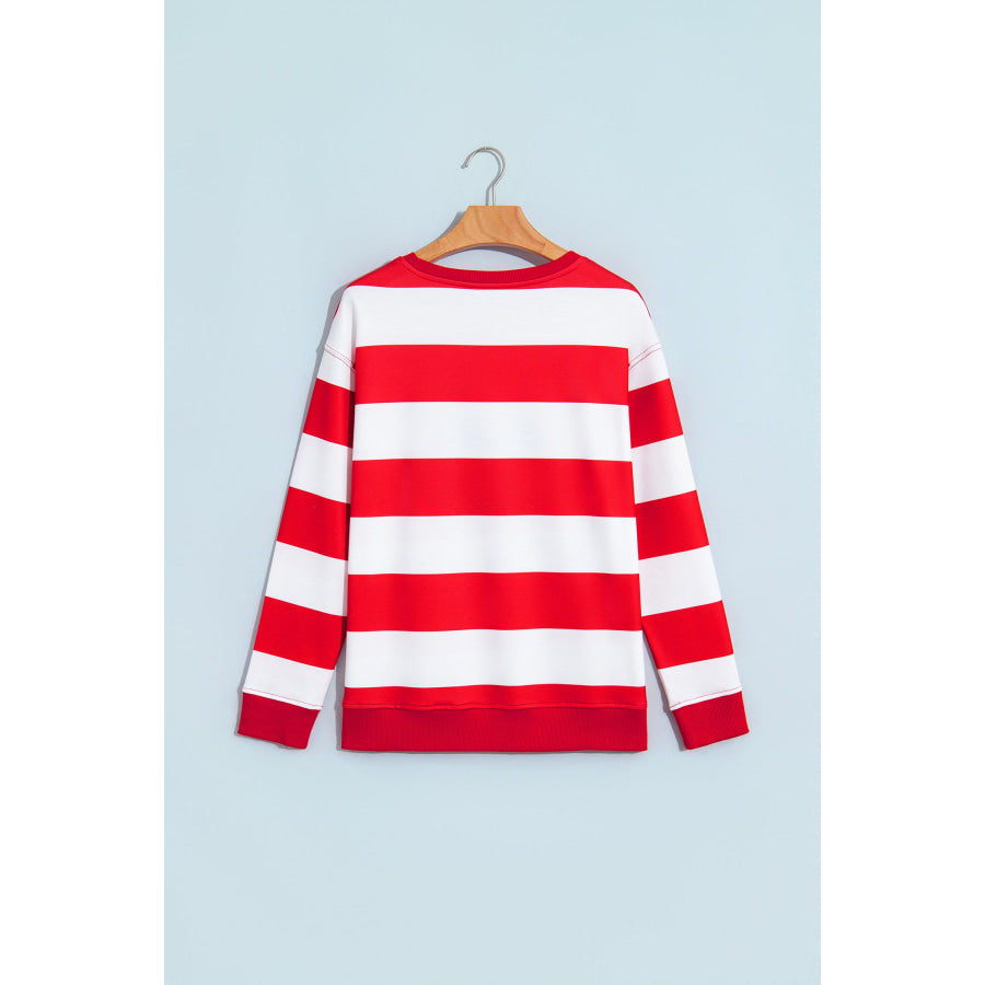 Green Stripe holly jolly Letter Embroidered Pullover Sweatshirt Tops/Sweatshirts & Hoodies