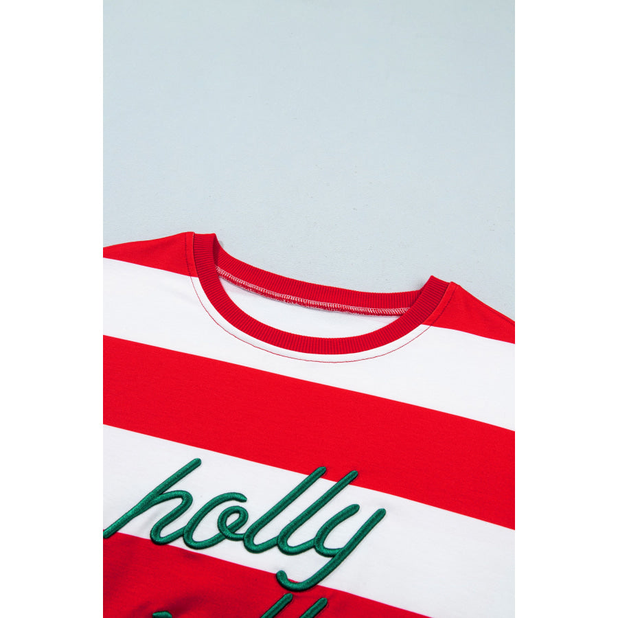 Green Stripe holly jolly Letter Embroidered Pullover Sweatshirt Tops/Sweatshirts & Hoodies