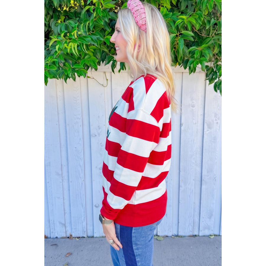 Green Stripe holly jolly Letter Embroidered Pullover Sweatshirt Tops/Sweatshirts & Hoodies