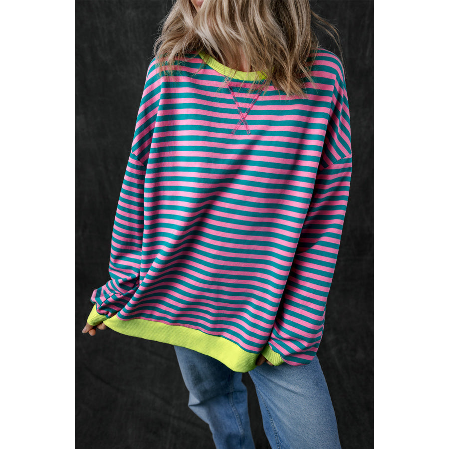 Green Stripe Oversized Contrast Trim Pullover Sweatshirt Green Stripe / S / 95% Cotton + 5% Elastane Tops/Sweatshirts & Hoodies