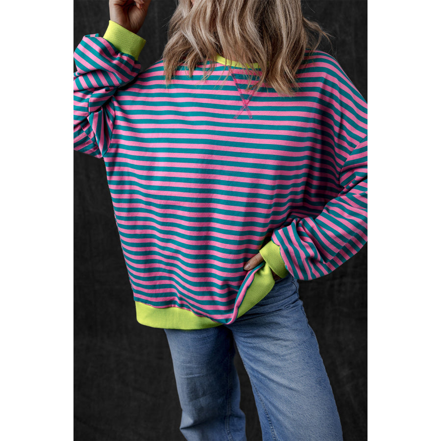 Green Stripe Oversized Contrast Trim Pullover Sweatshirt Tops/Sweatshirts & Hoodies