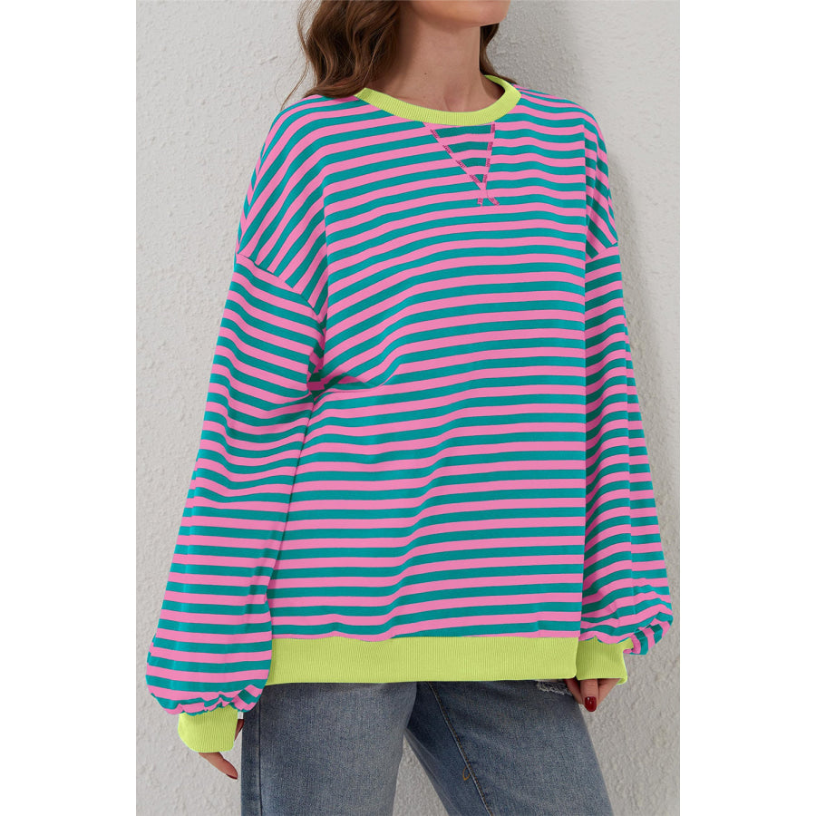 Green Stripe Oversized Contrast Trim Pullover Sweatshirt Tops/Sweatshirts & Hoodies