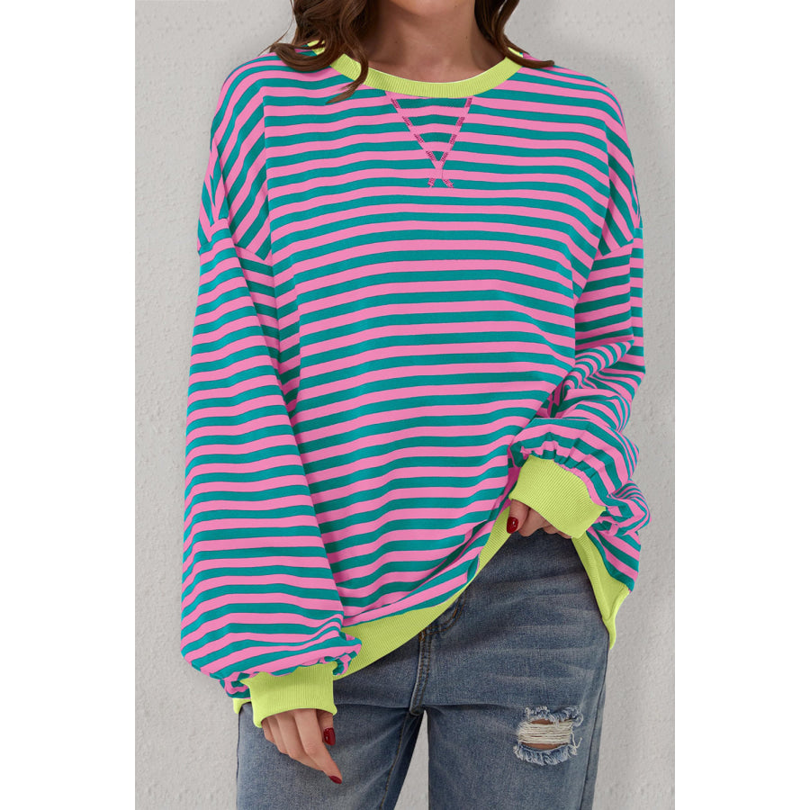 Green Stripe Oversized Contrast Trim Pullover Sweatshirt Tops/Sweatshirts & Hoodies