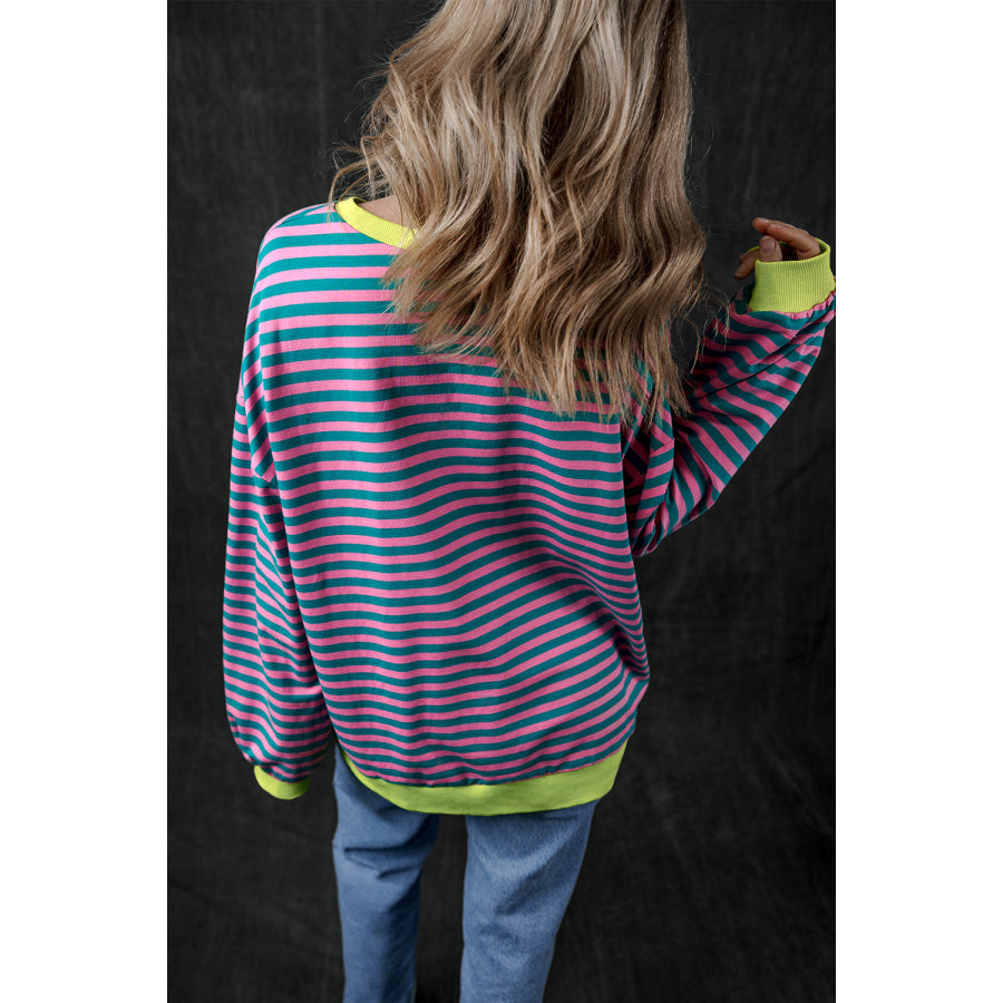 Green Stripe Oversized Contrast Trim Pullover Sweatshirt Tops/Sweatshirts & Hoodies