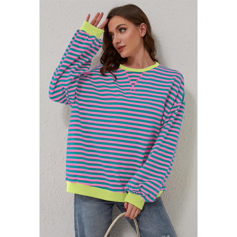 Green Stripe Oversized Contrast Trim Pullover Sweatshirt Tops/Sweatshirts & Hoodies