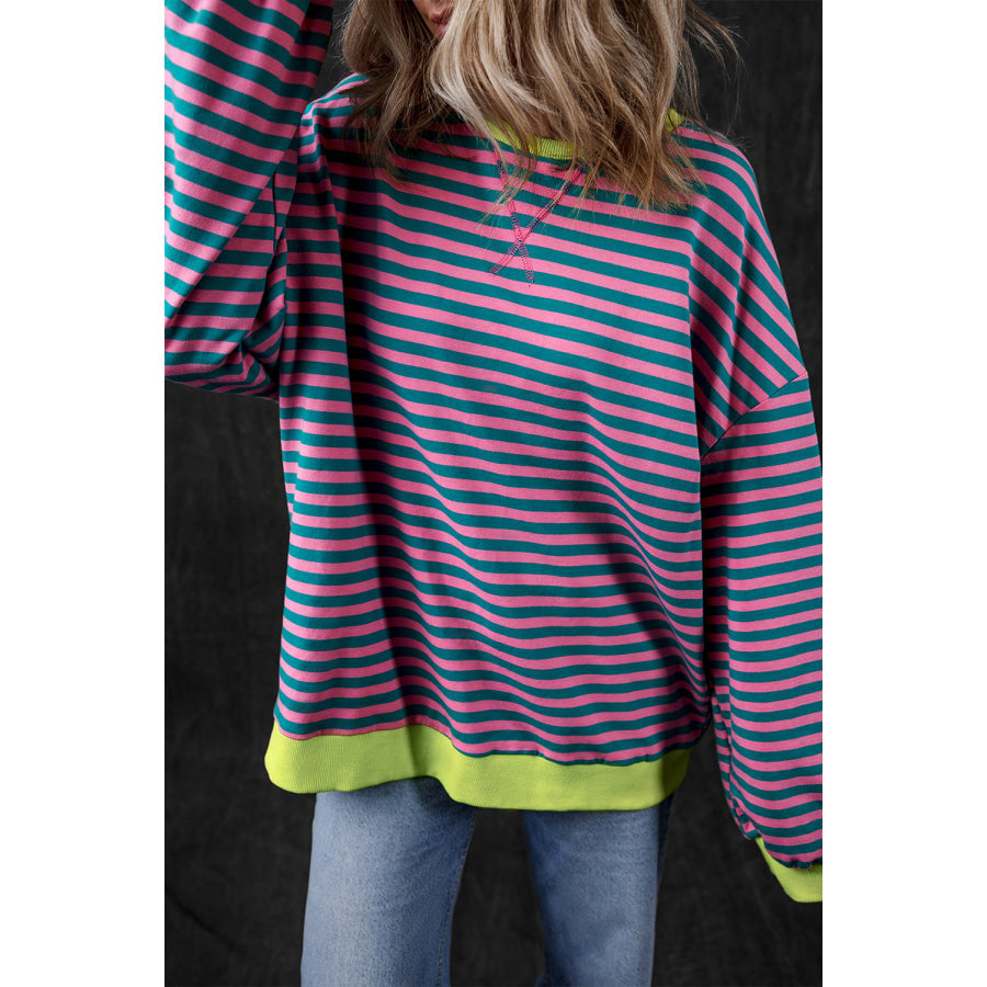 Green Stripe Oversized Contrast Trim Pullover Sweatshirt Tops/Sweatshirts & Hoodies