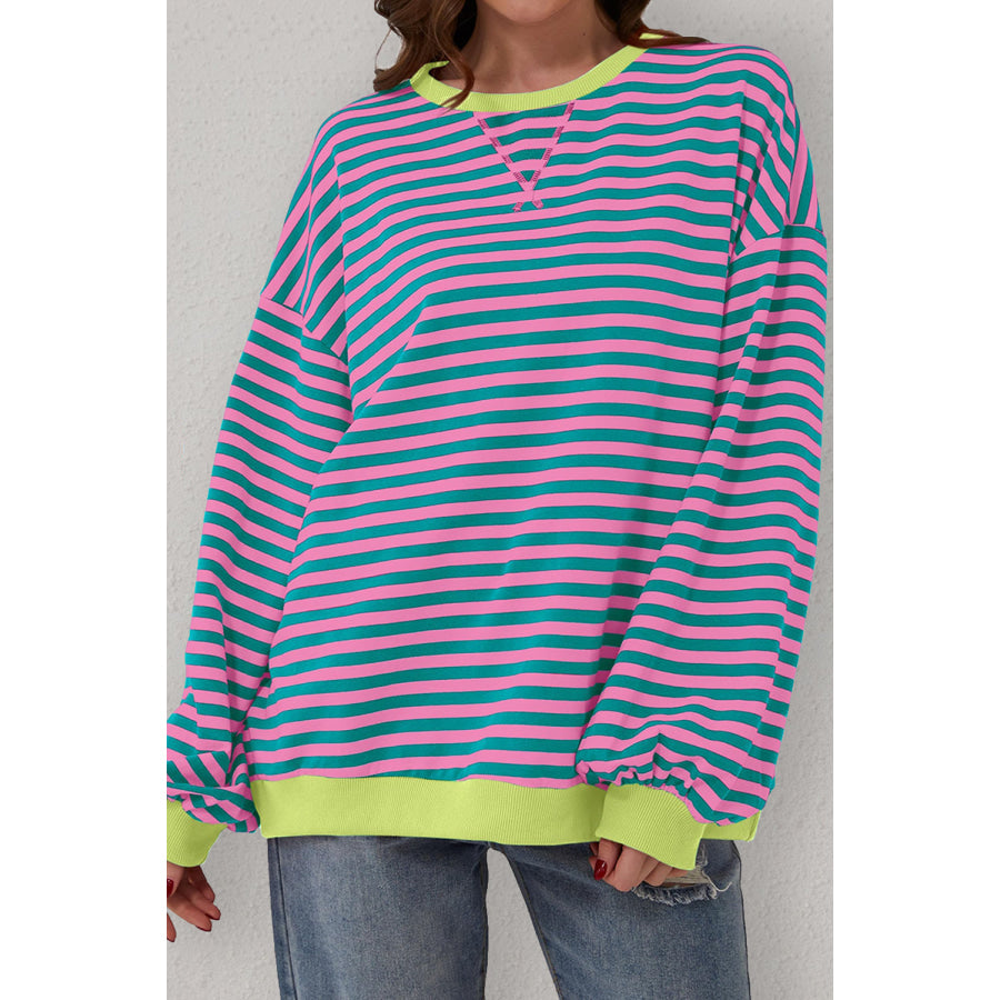 Green Stripe Oversized Contrast Trim Pullover Sweatshirt Tops/Sweatshirts & Hoodies