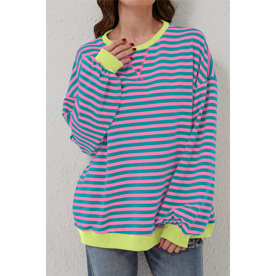 Green Stripe Oversized Contrast Trim Pullover Sweatshirt Tops/Sweatshirts & Hoodies